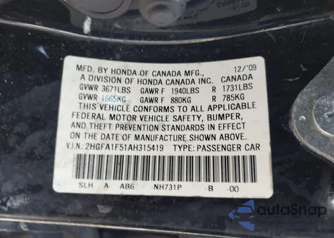 2010 Honda Civic Lx from USA, damaged, VIN 2HGFA1F51AH315419